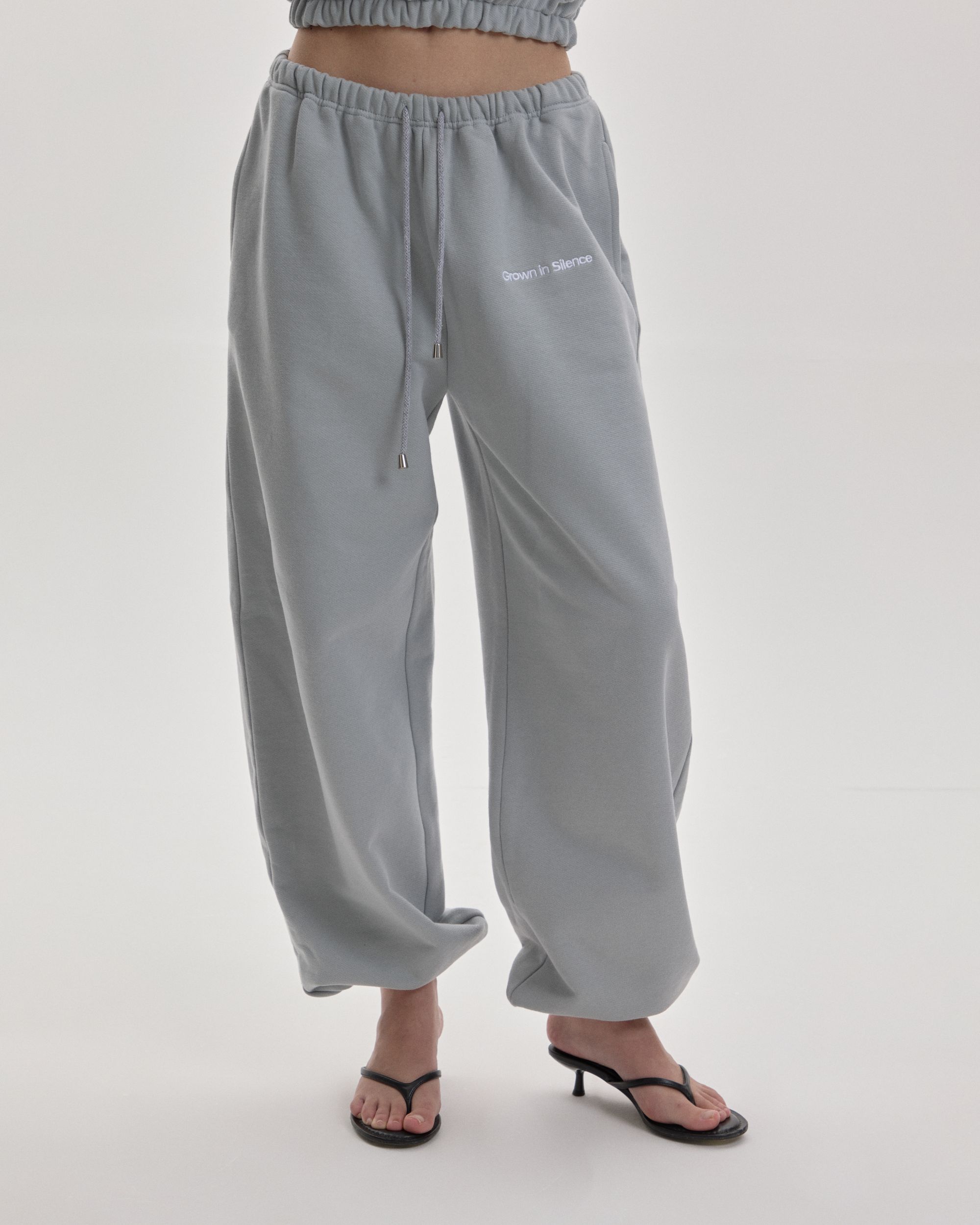 Grown In Silence barrel joggers in Cloud Metallic, front view