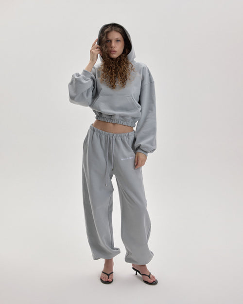 Grown In Silence barrel joggers in Cloud Metallic, full length front view with matching hoodie