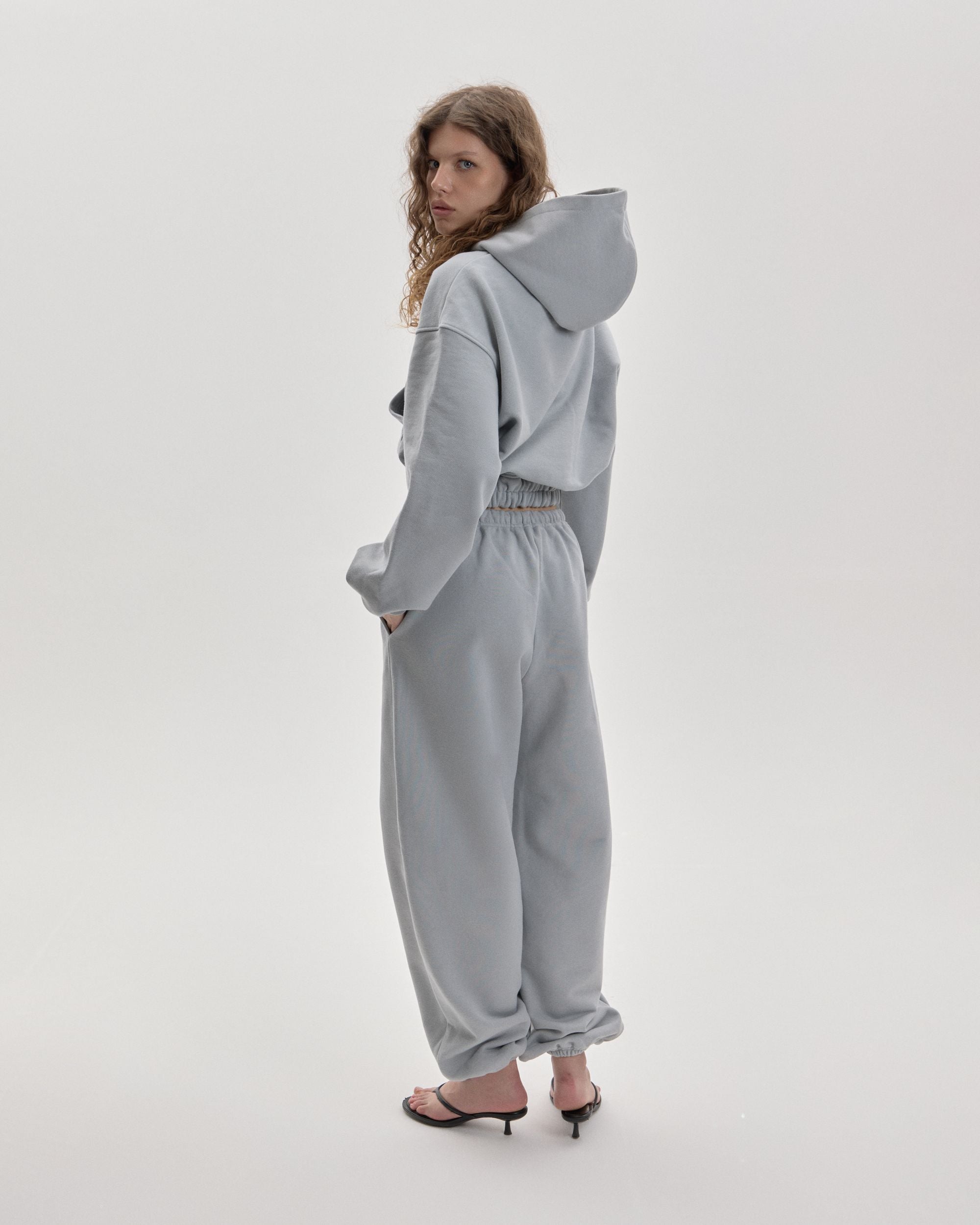 Grown In Silence barrel joggers in Cloud Metallic, side view