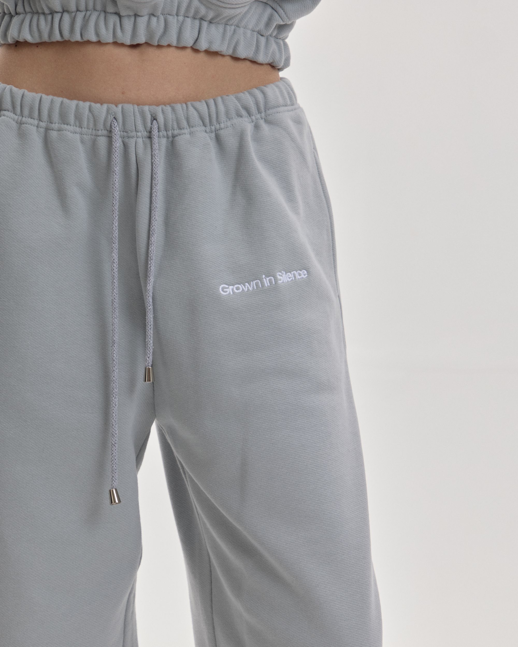 Grown In Silence barrel joggers in Cloud Metallic, waistband detail