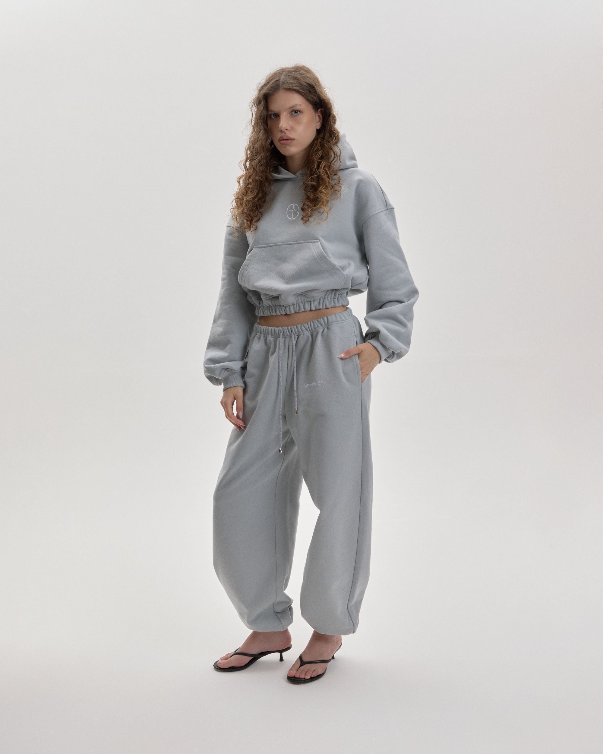 Grown In Silence cropped mini hoodie in Cloud Metallic, full length side view with matching joggers