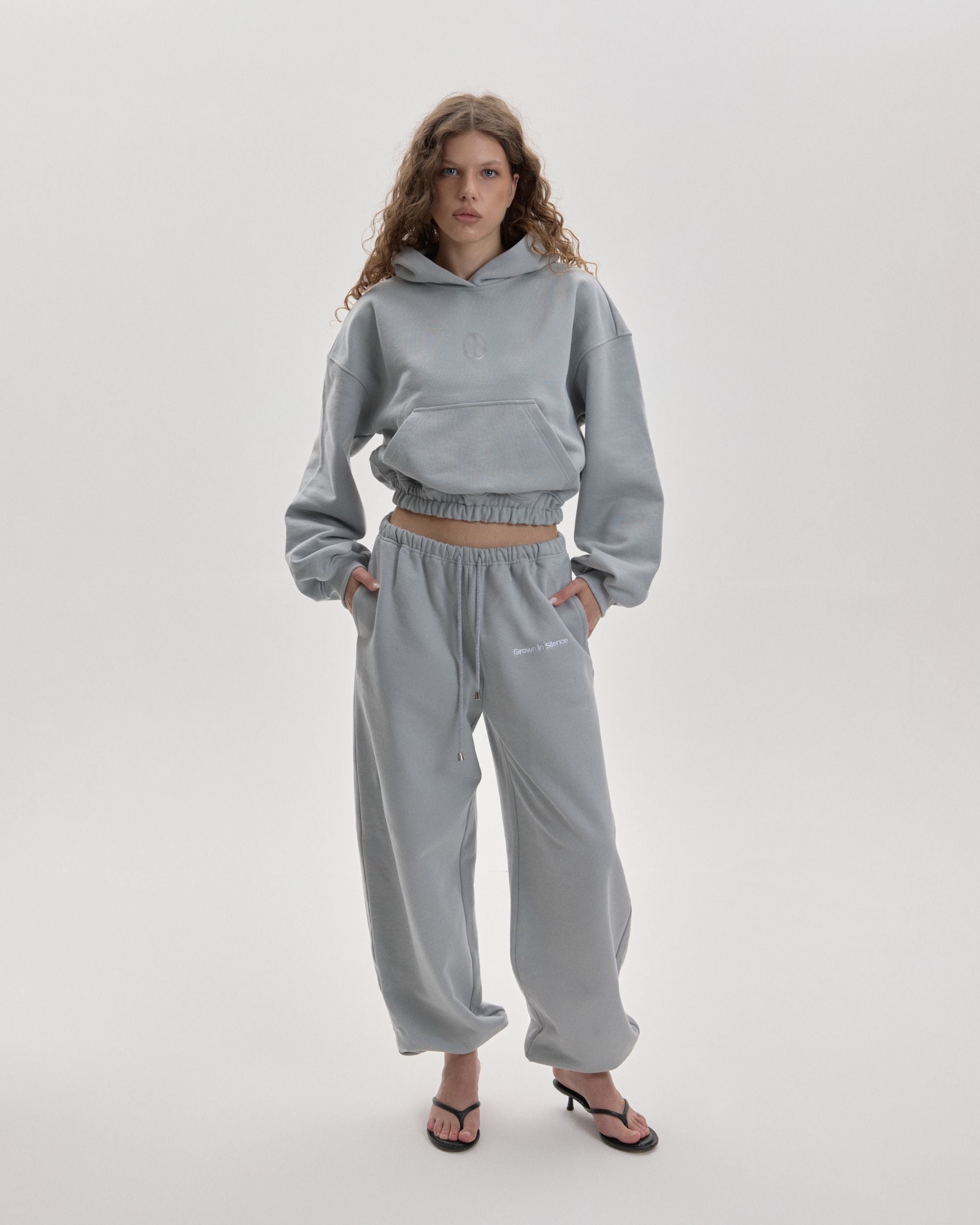 Grown In Silence cropped mini hoodie in Cloud Metallic, full length front view with matching joggers
