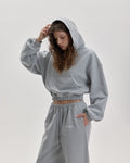 Grown In Silence cropped mini hoodie in Cloud Metallic, hood up styled look