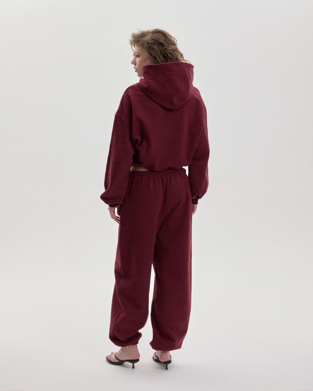 Grown In Silence cropped mini hoodie in Ruby Wine, back view with matching joggers