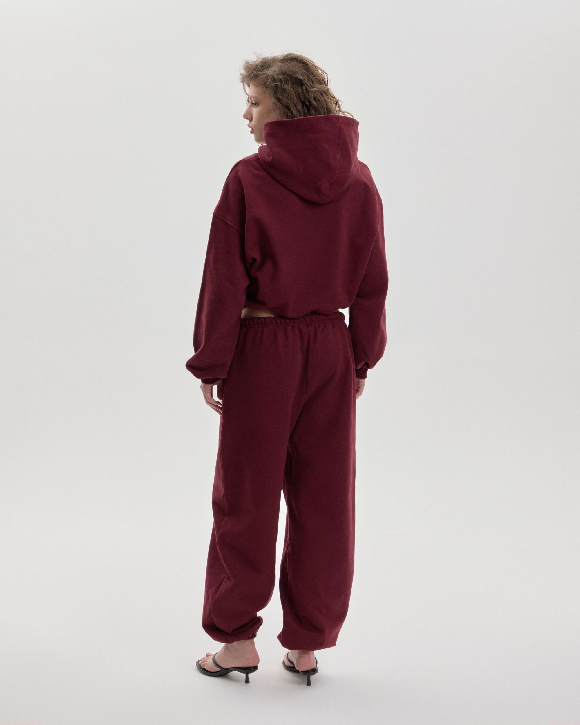 Grown In Silence cropped mini hoodie in Ruby Wine, back view with matching joggers