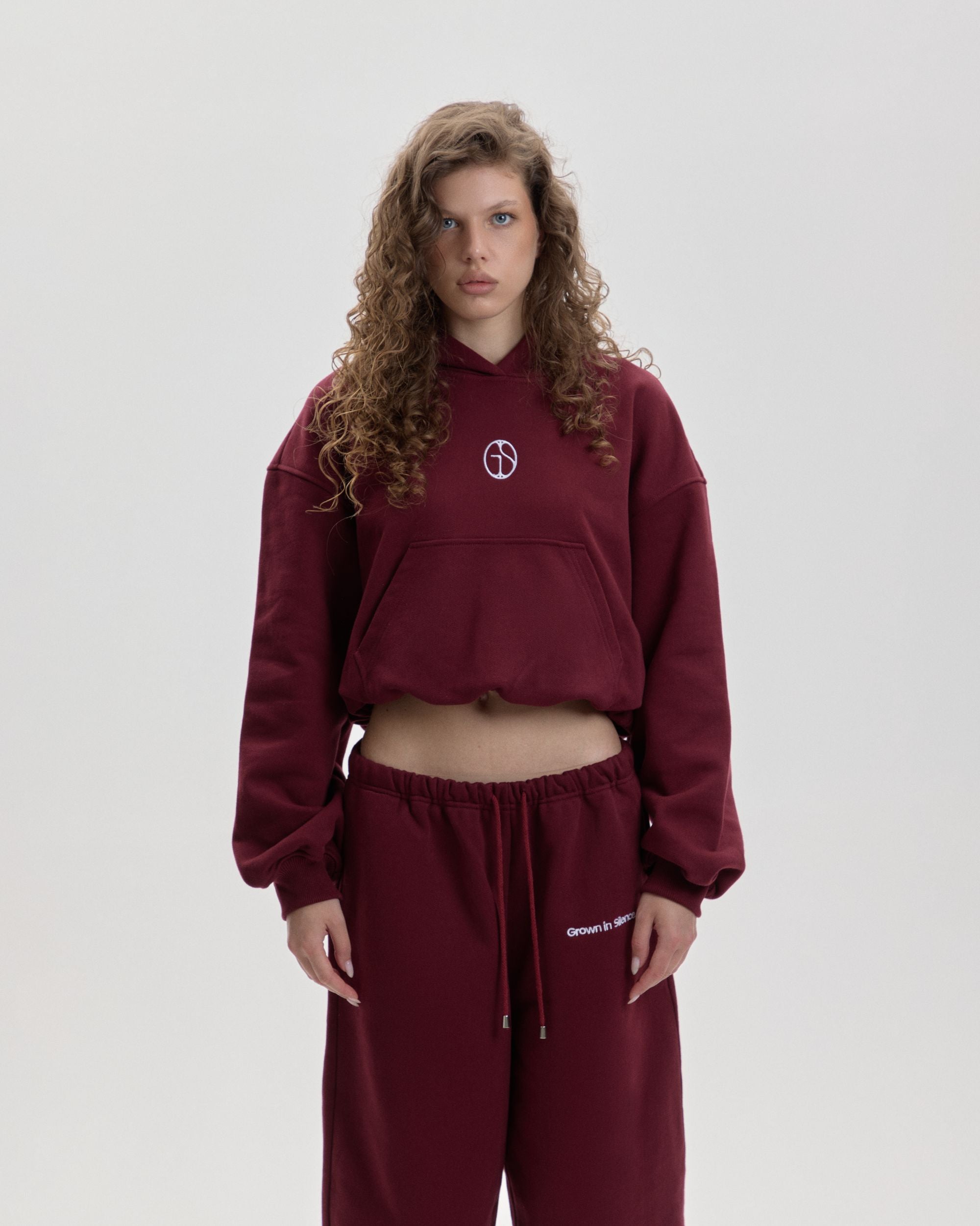 Grown In Silence cropped mini hoodie in Ruby Wine, front view