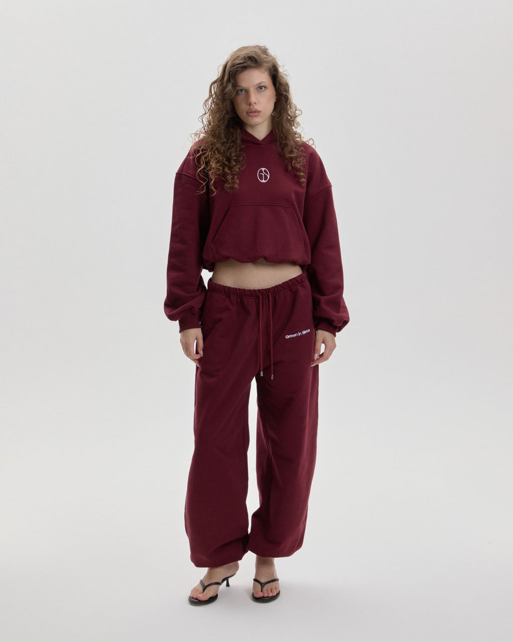 Grown In Silence cropped mini hoodie in Ruby Wine, full length front view with matching joggers