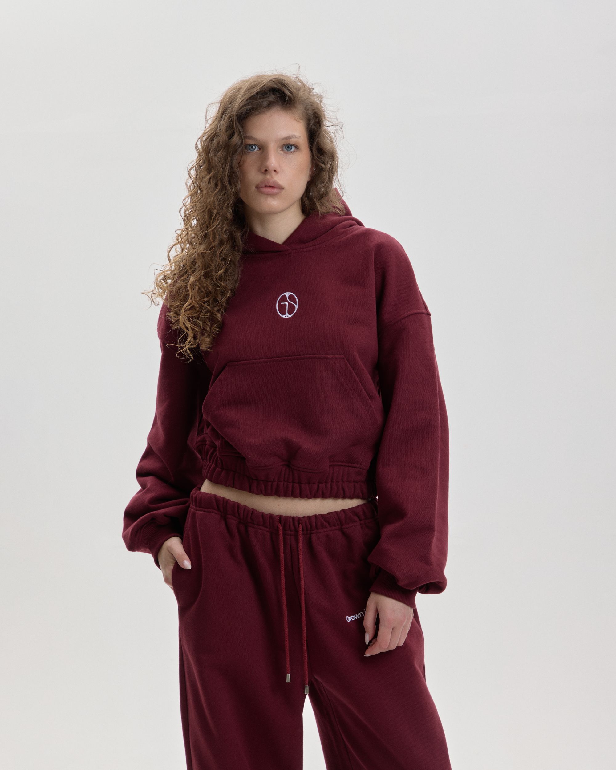 Grown In Silence cropped mini hoodie in Ruby Wine, side view