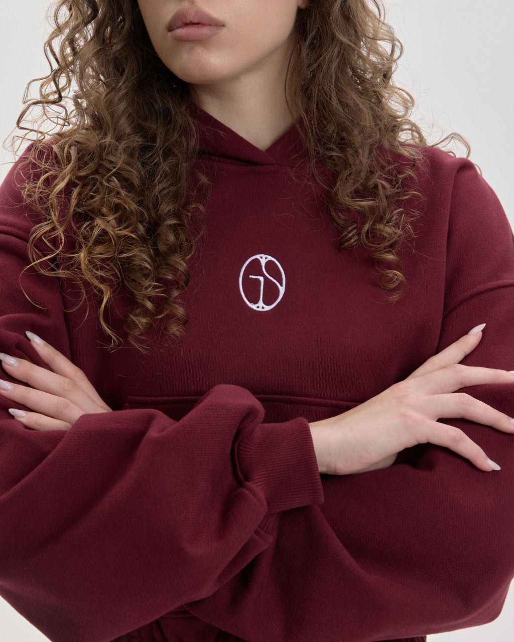 Grown In Silence cropped mini hoodie in Ruby Wine, sleeve and fabric detail