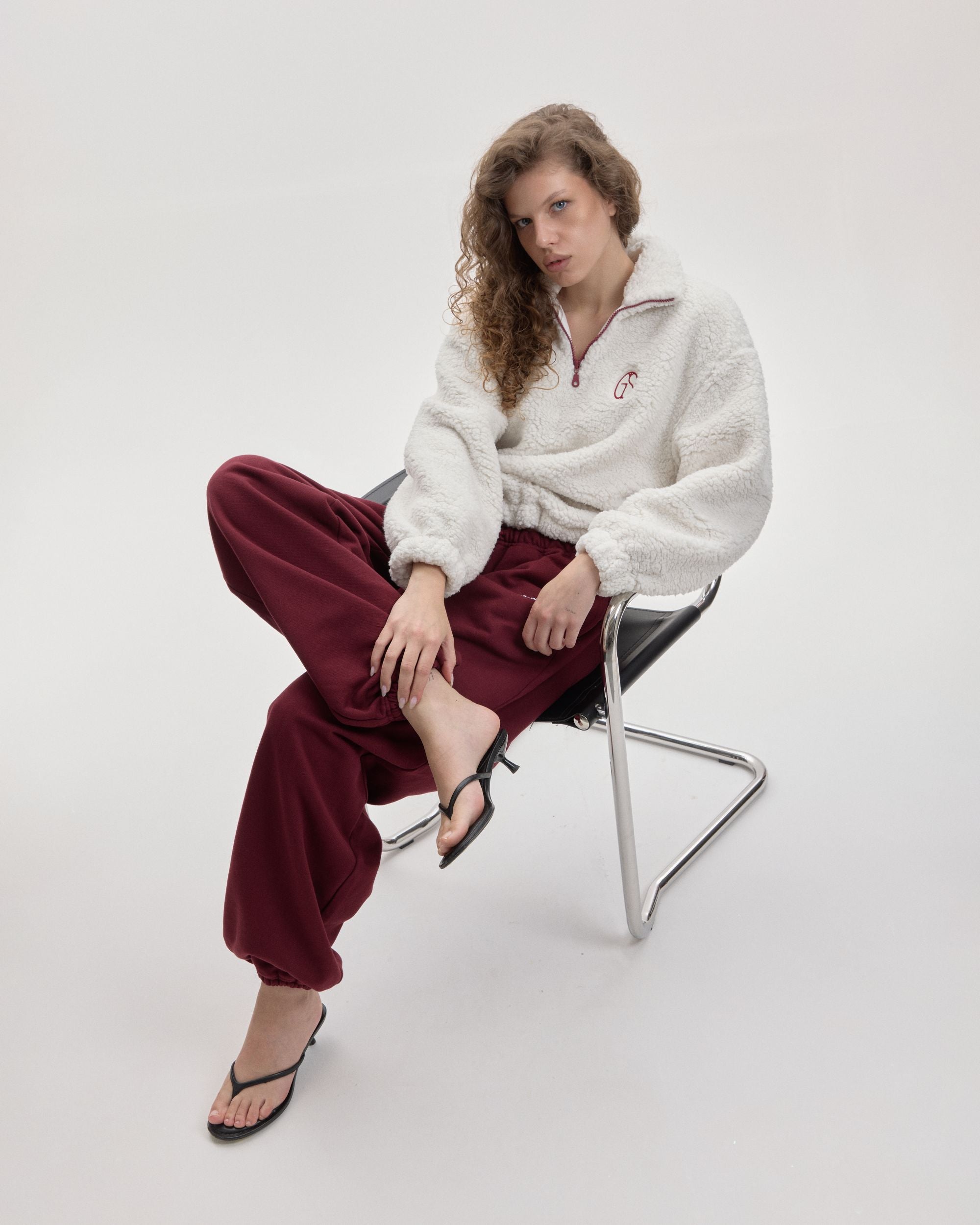 Grown In Silence oversized quarter-zip anorak in Cloud Dancer, seated styled look