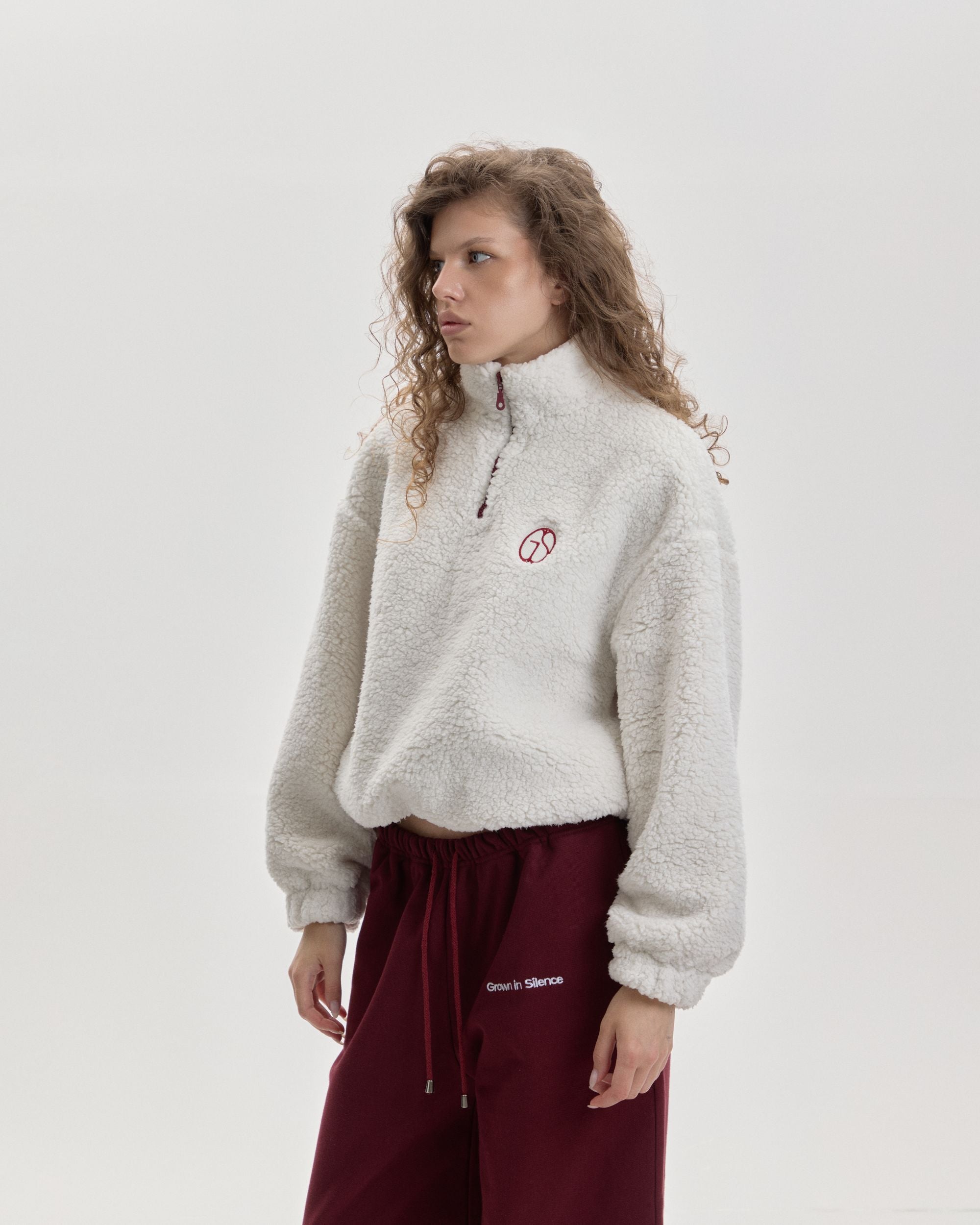 Grown In Silence oversized quarter-zip anorak in Cloud Dancer, three-quarter view