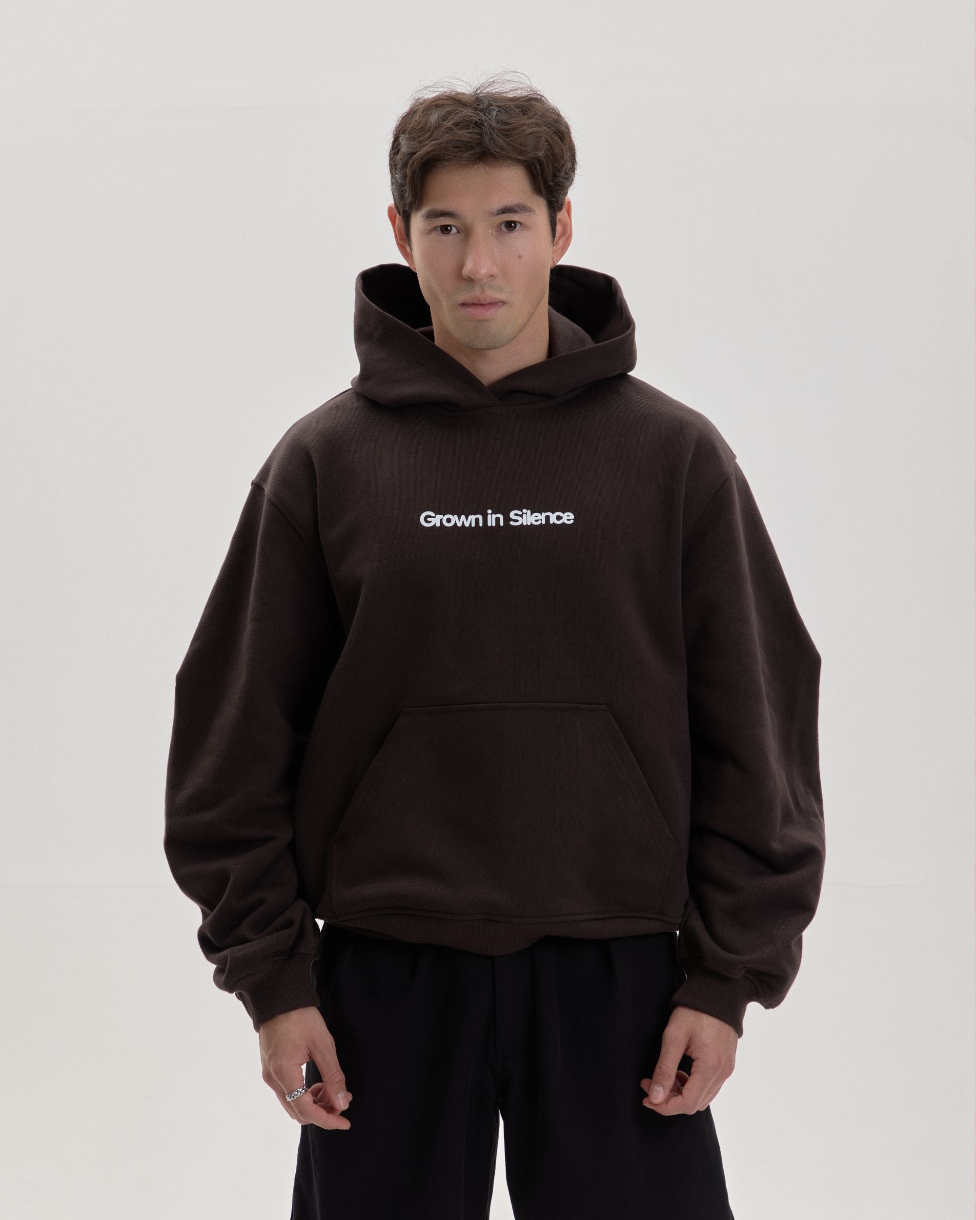 Grown In Silence oversized hoodie in choco brown, front view