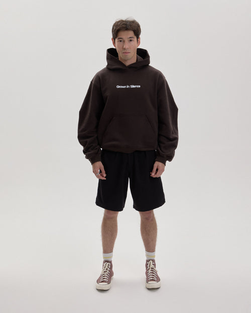 Grown In Silence oversized hoodie in choco brown, full length front view