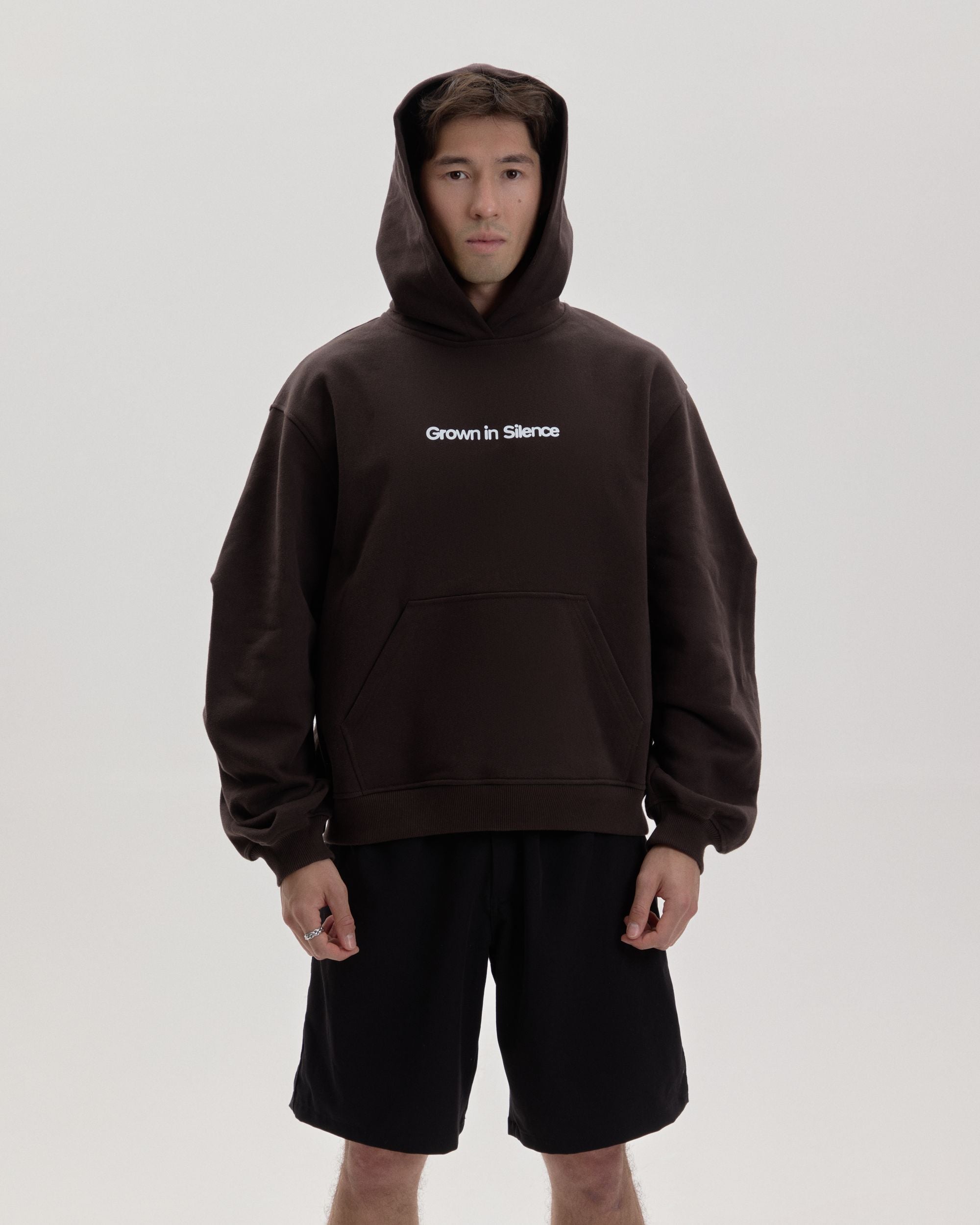 Grown In Silence oversized hoodie in choco brown, hood up styled look