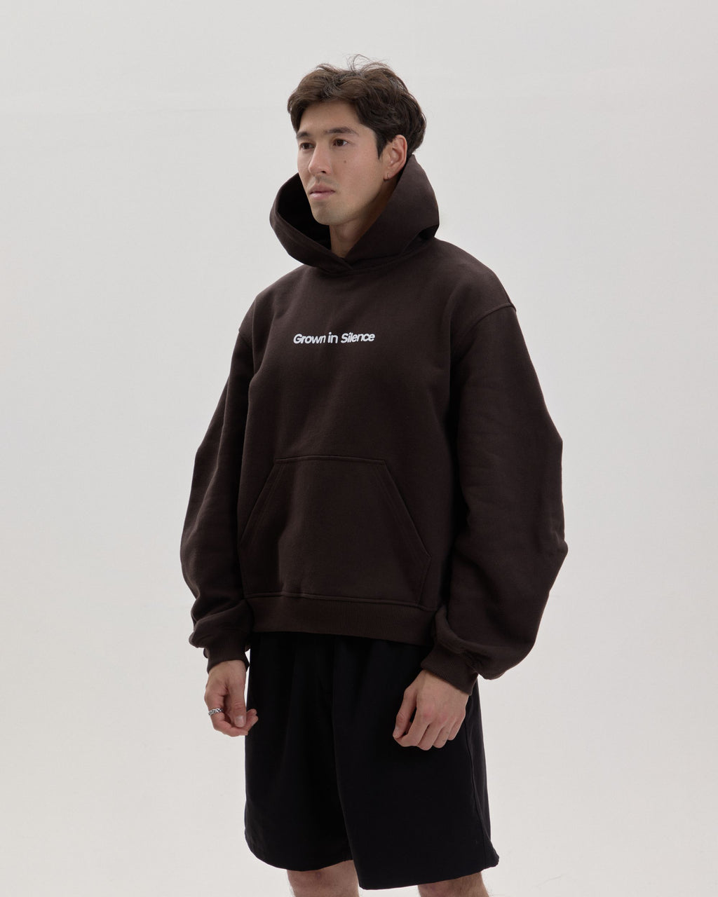 Grown In Silence oversized hoodie in choco brown, side view