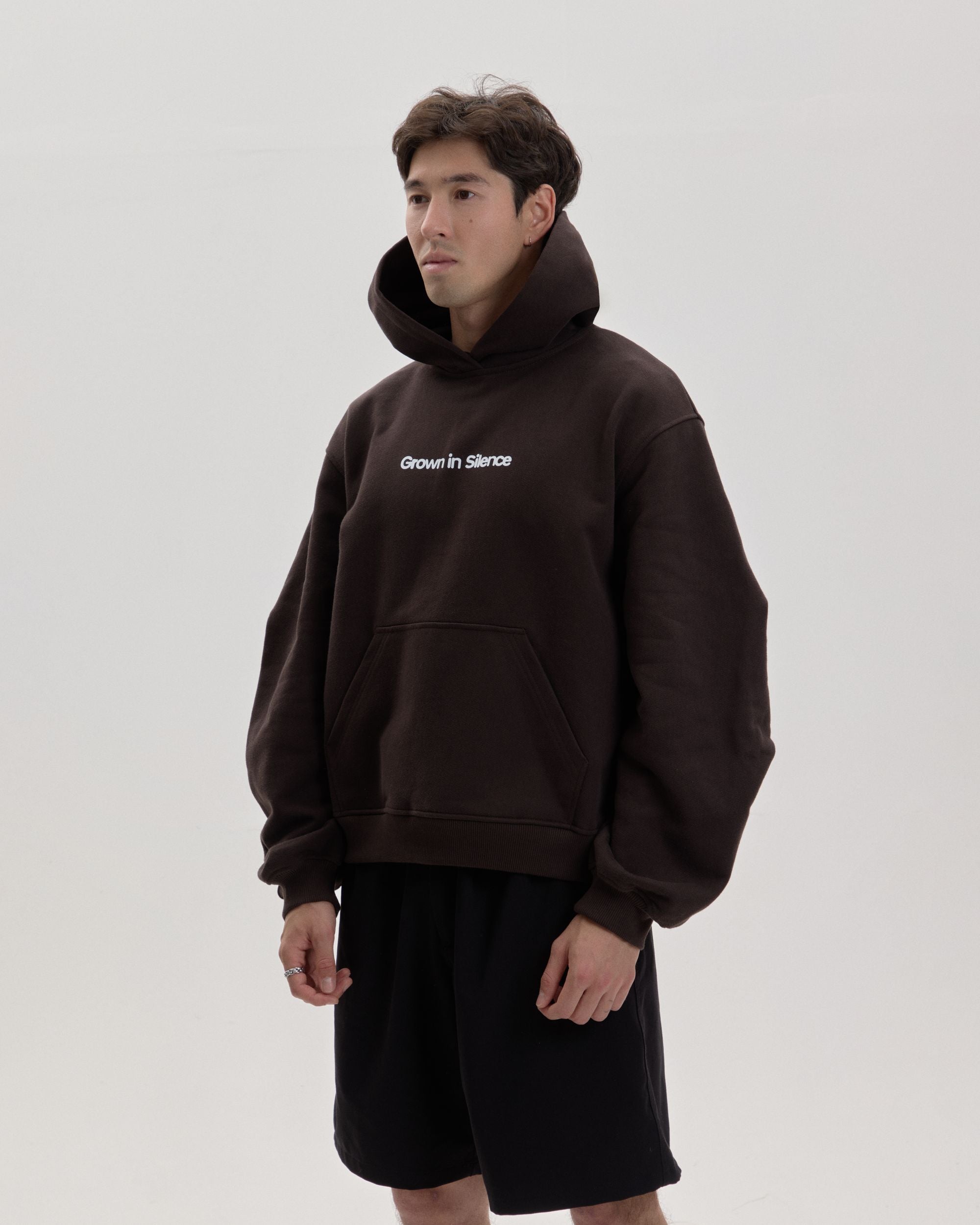 Grown In Silence oversized hoodie in choco brown, side view