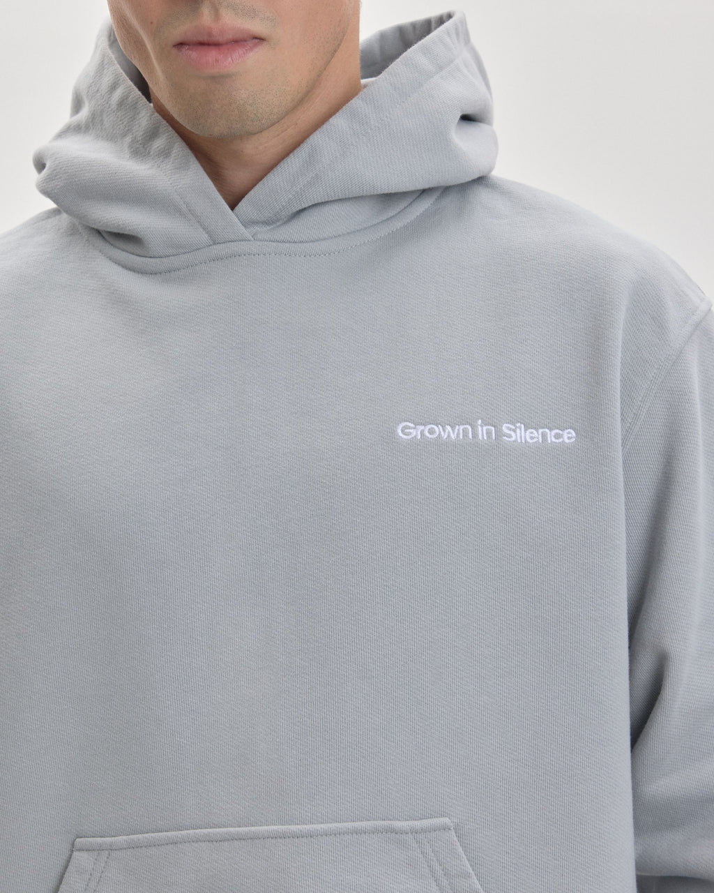 Grown In Silence oversized hoodie in Cloud Metallic, chest logo detail
