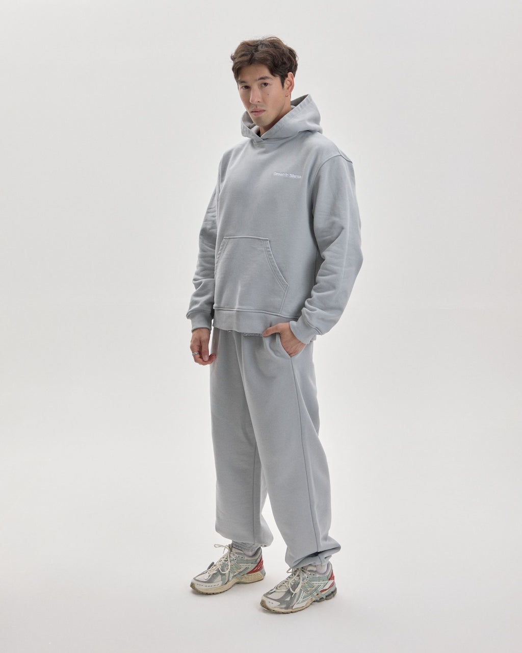 Grown In Silence oversized hoodie in Cloud Metallic, full length front view