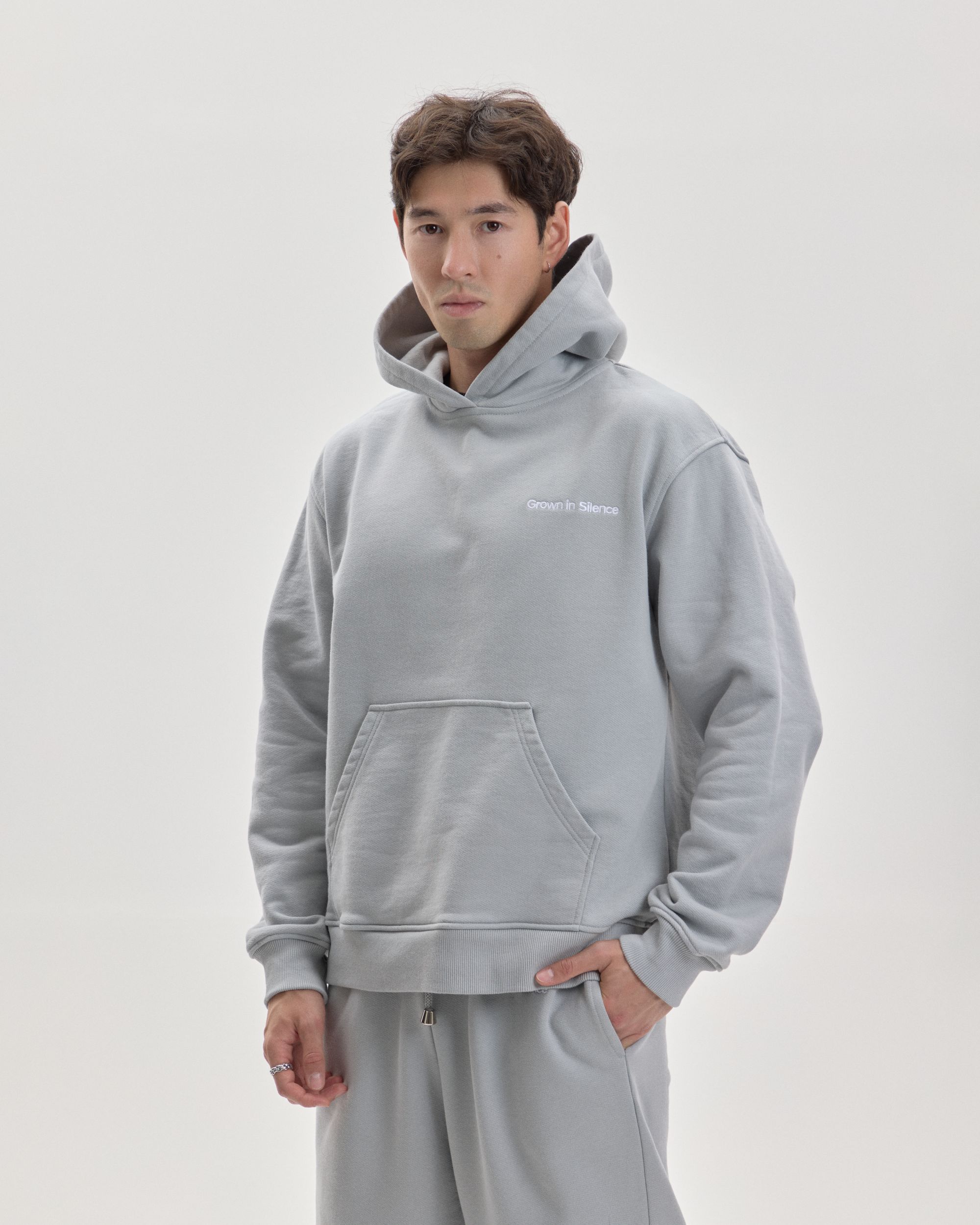 Grown In Silence oversized hoodie in Cloud Metallic, full length front view