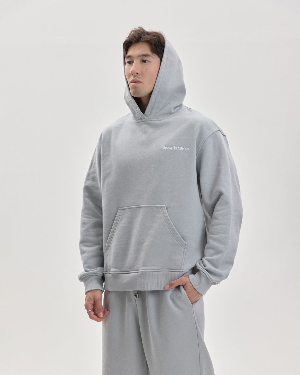 Grown In Silence oversized hoodie in Cloud Metallic, hood up styled look
