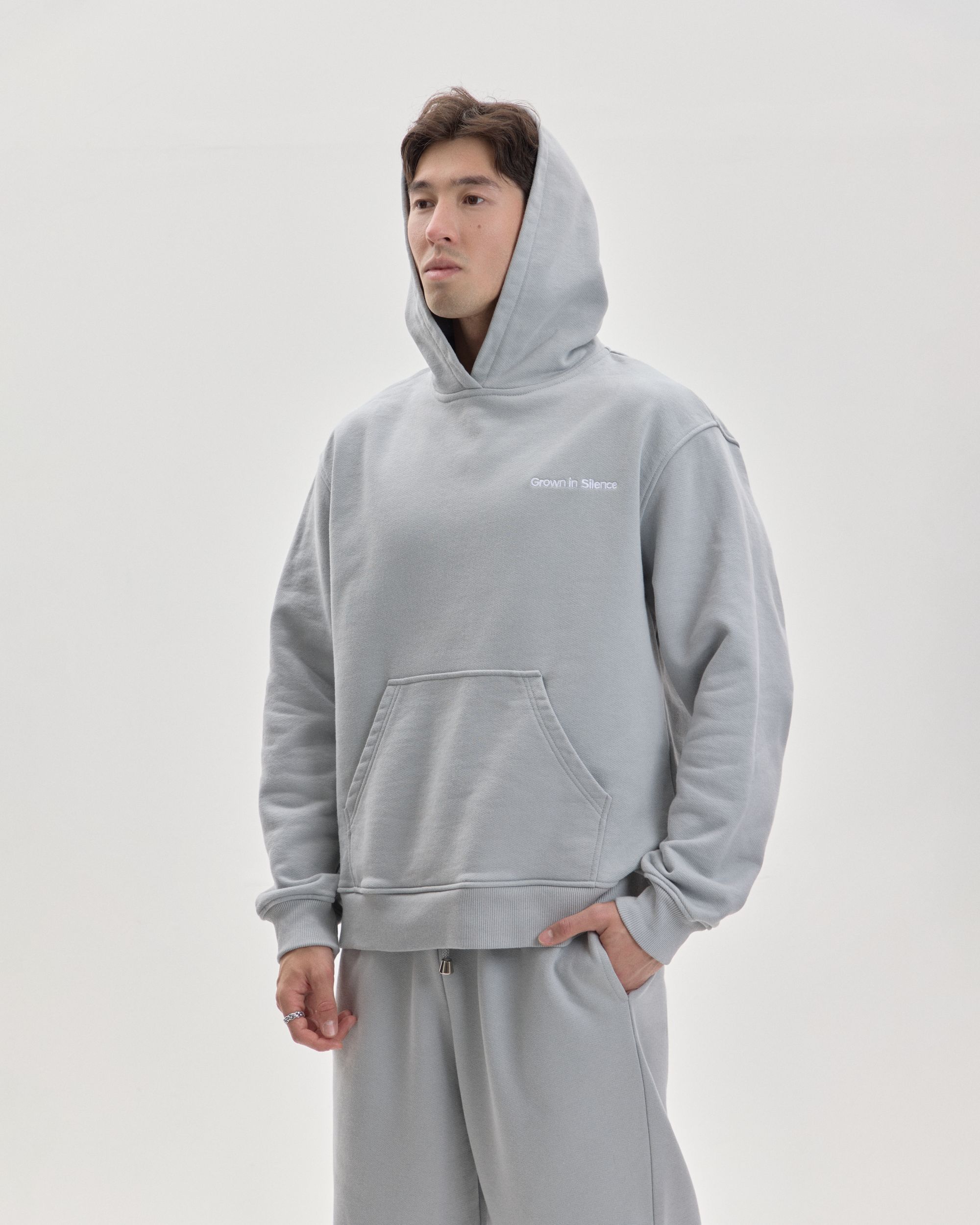 Grown In Silence oversized hoodie in Cloud Metallic, hood up styled look