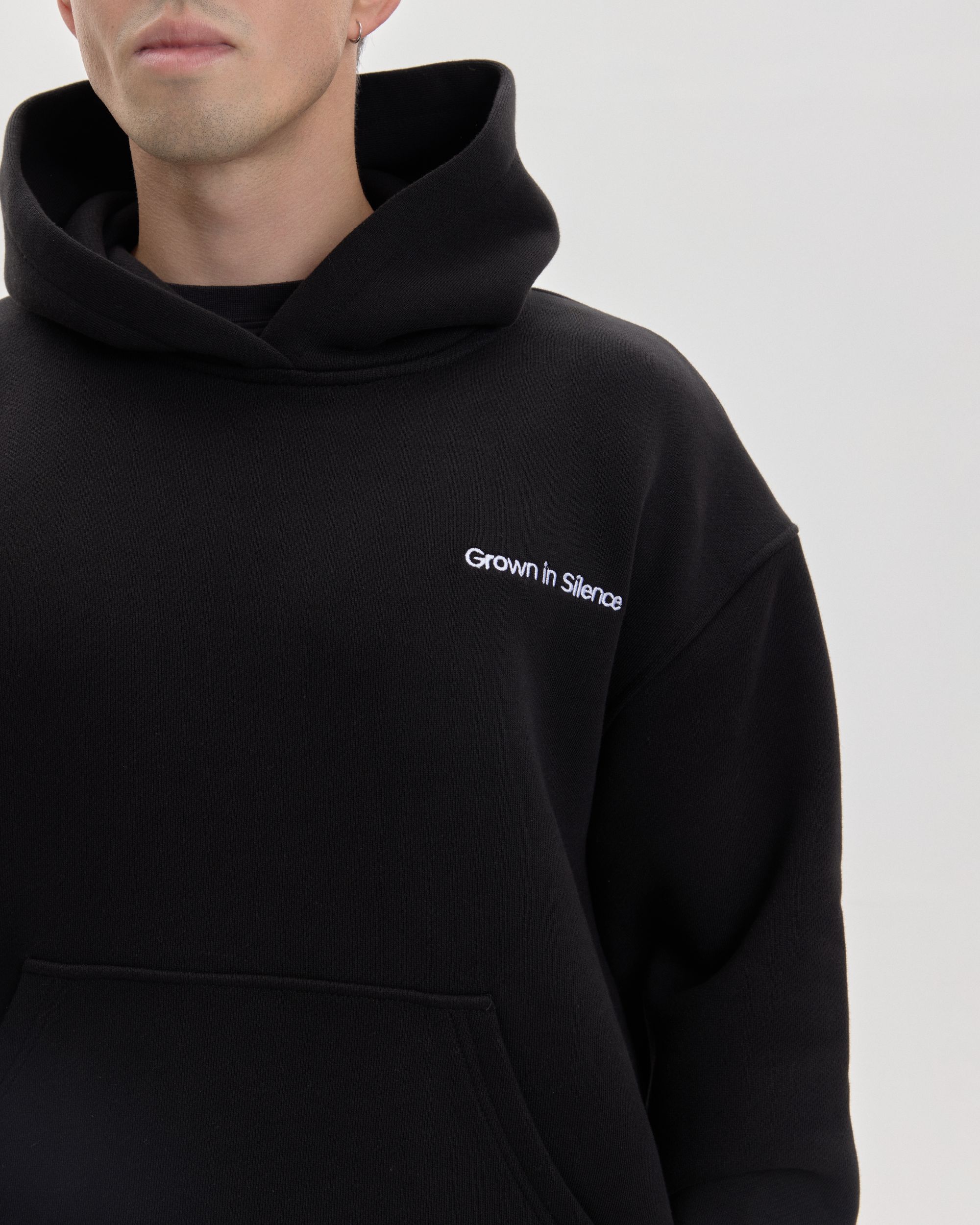 Grown In Silence oversized hoodie in Midnight Black, chest logo detail