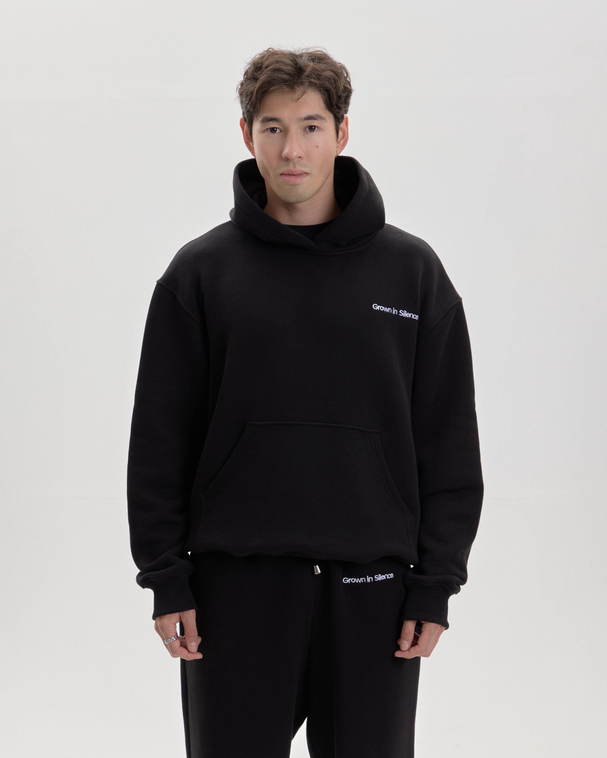 Grown In Silence oversized hoodie in Midnight Black, full length front view