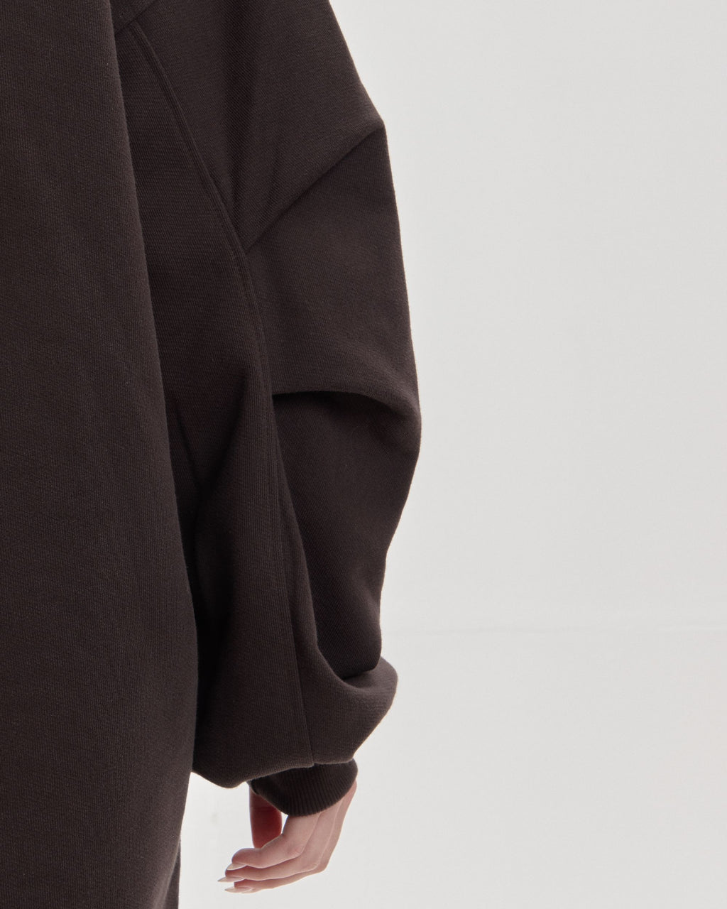 Grown In Silence oversized sweatshirt dress in dark choco, fabric and sleeves detail