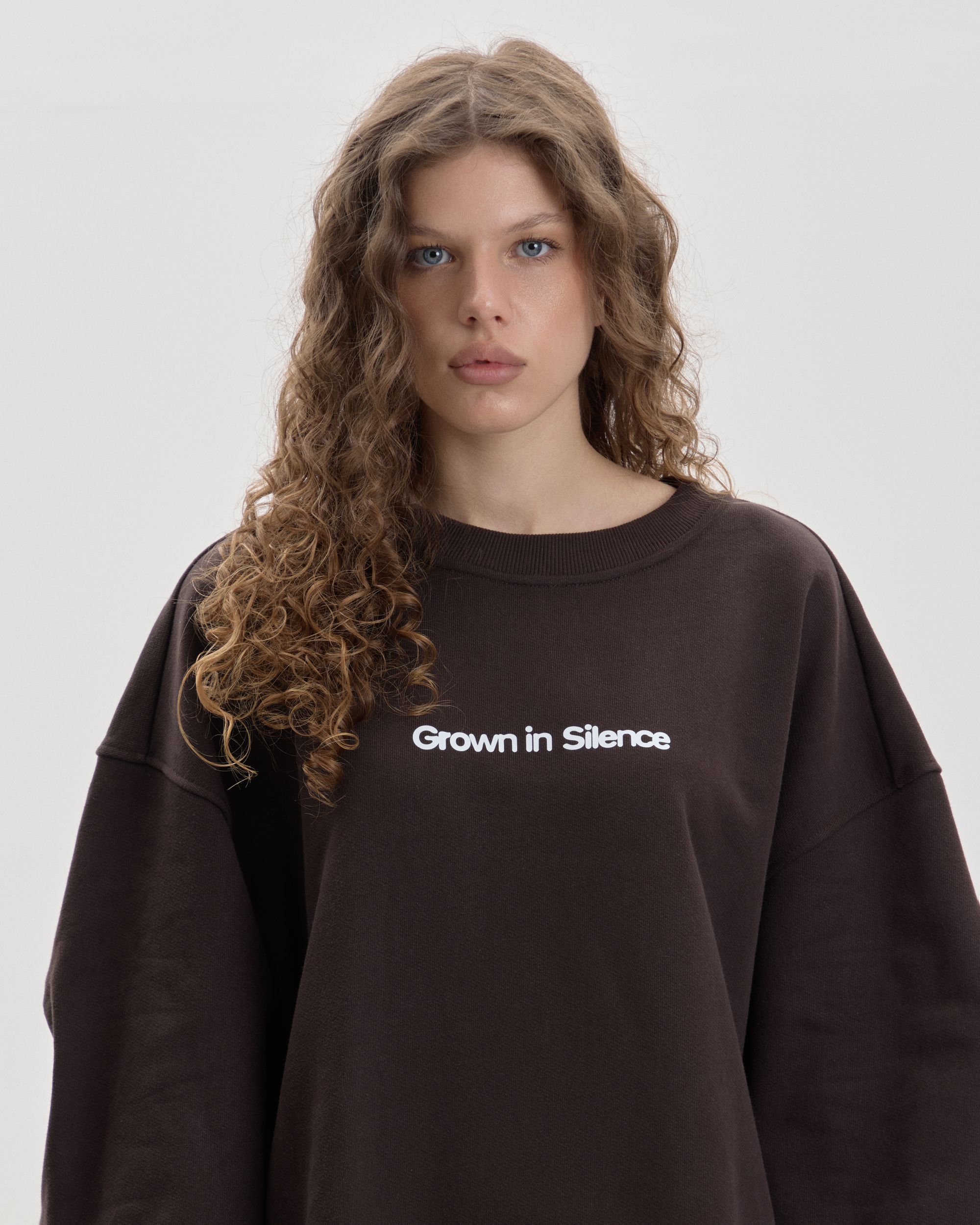 Grown In Silence oversized sweatshirt dress in dark choco, front chest details view