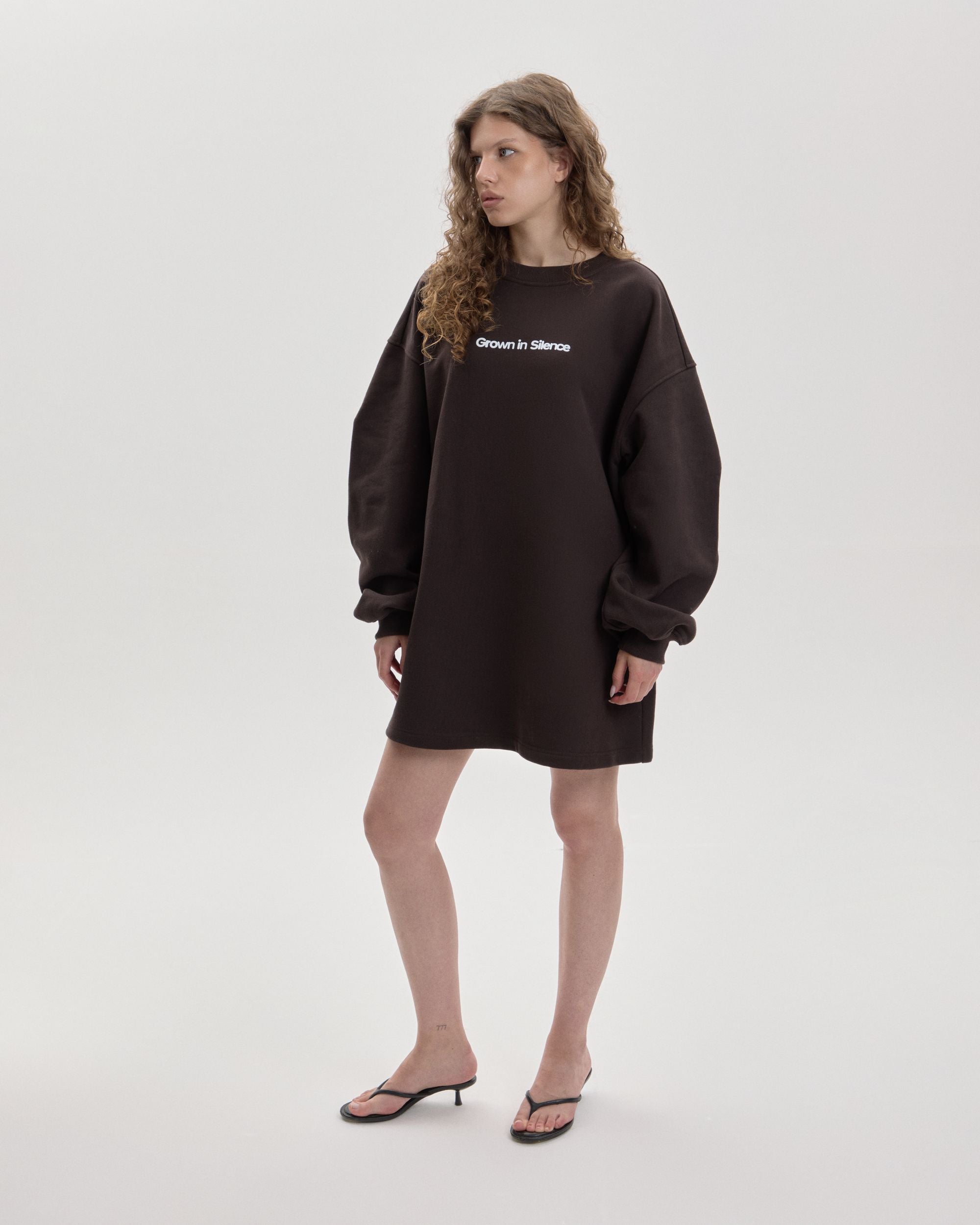 Grown In Silence oversized sweatshirt dress in dark choco, side view