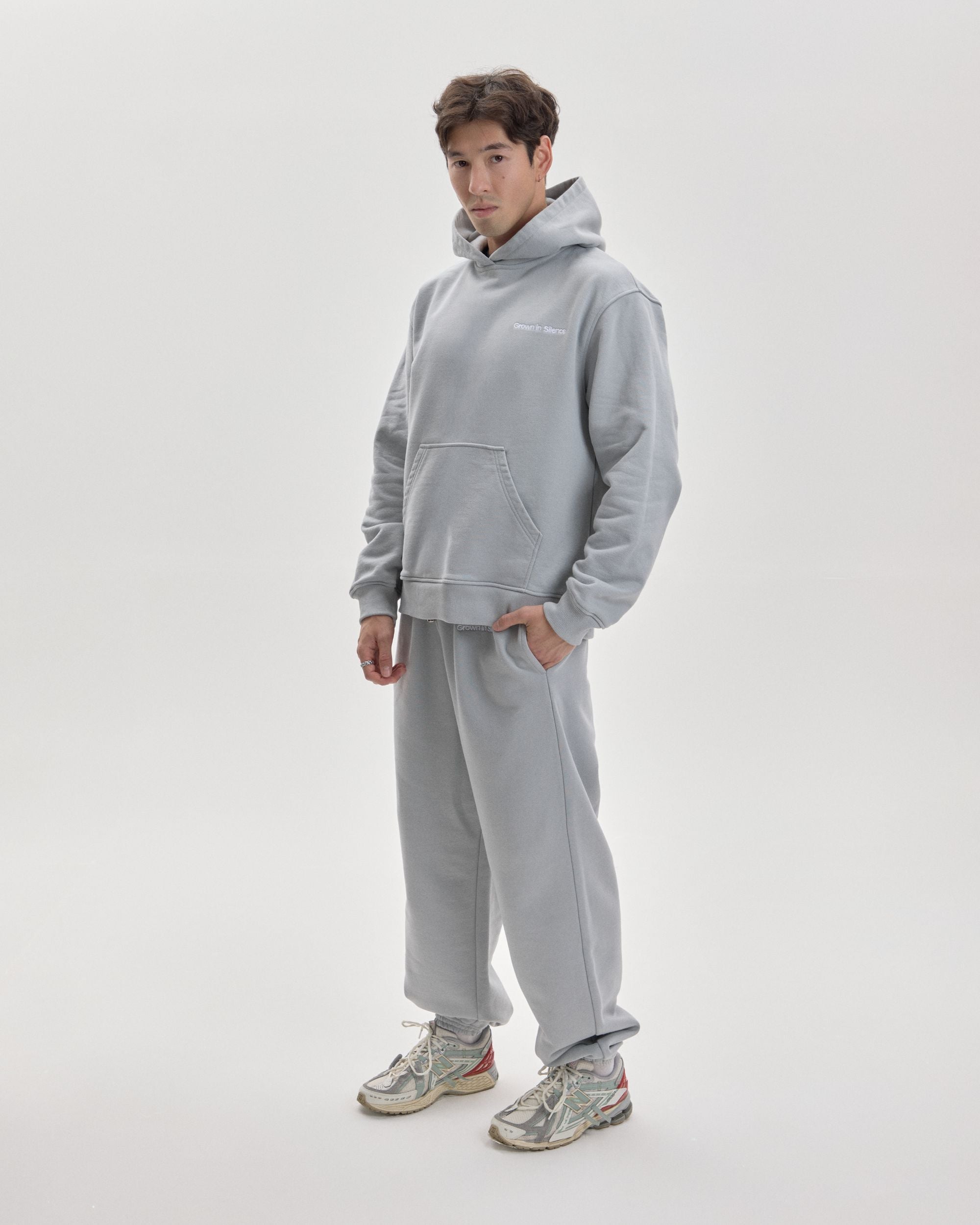 Grown In Silence relaxed joggers in Cloud Metallic, front view