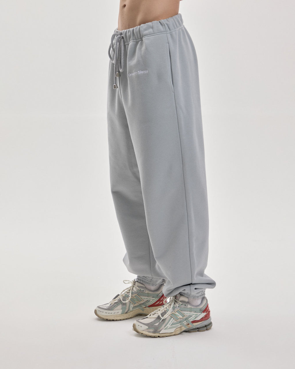 Grown In Silence relaxed joggers in Cloud Metallic, full length front view