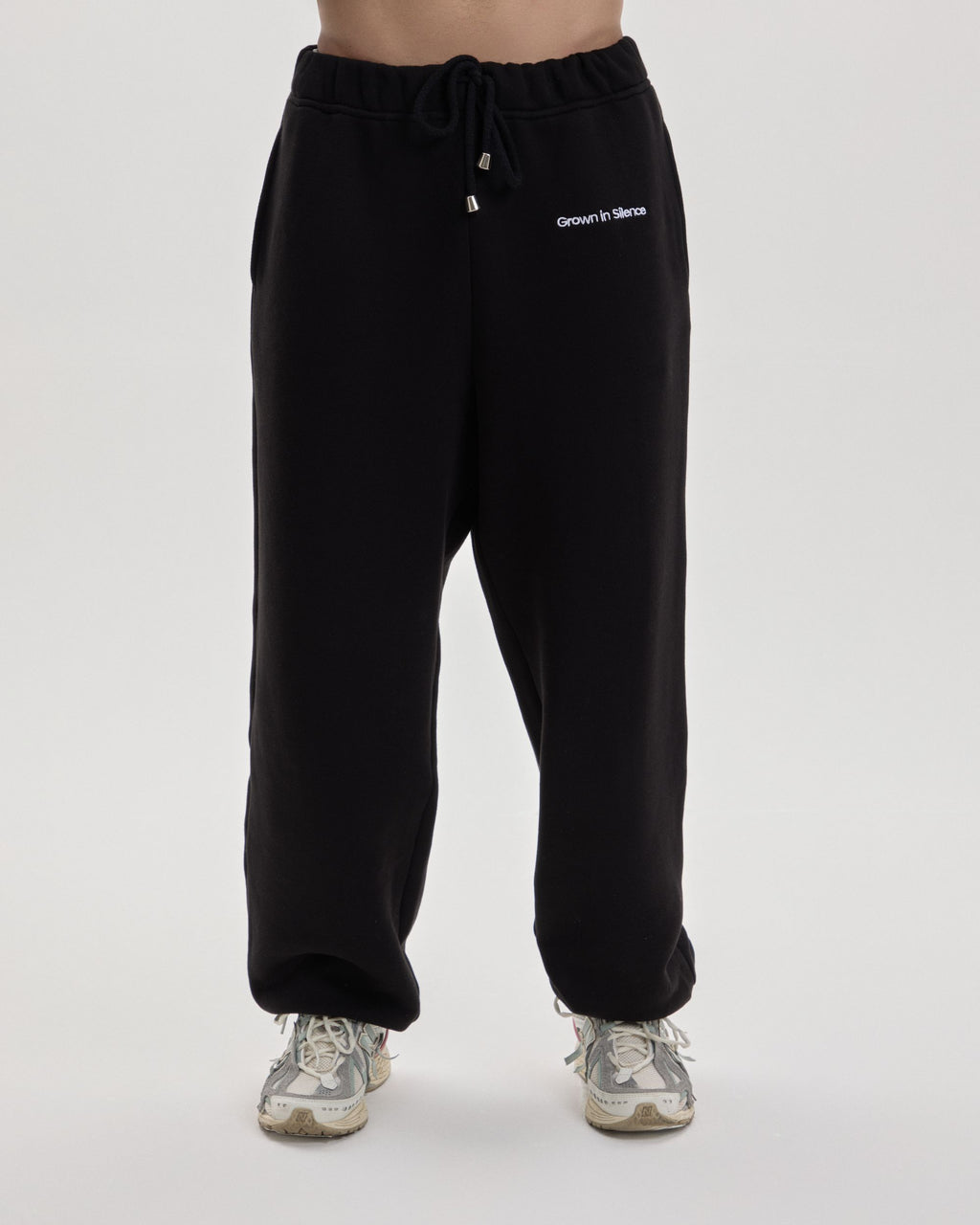 Grown In Silence relaxed joggers in Midnight Black, front view