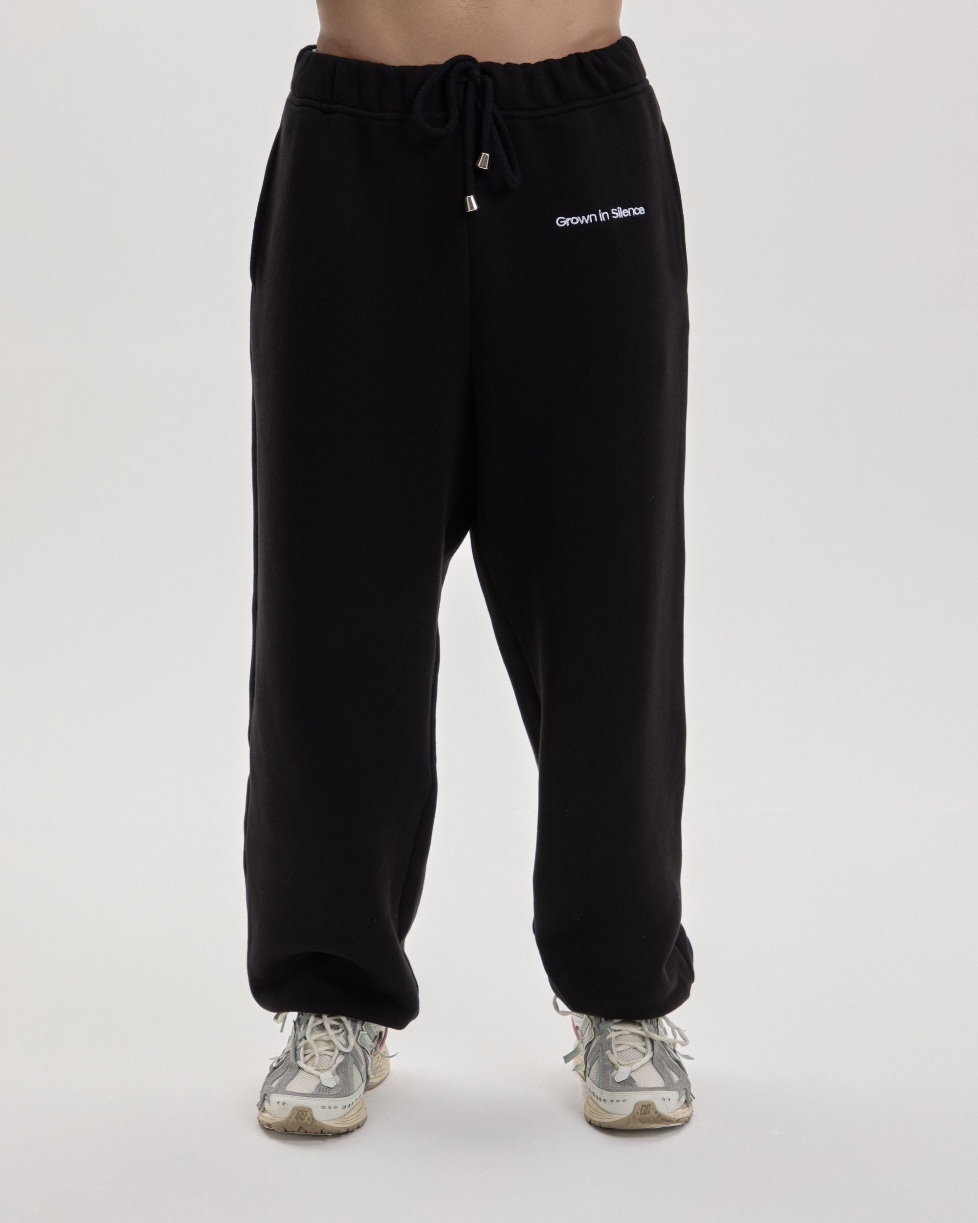 Grown In Silence relaxed joggers in Midnight Black, front view