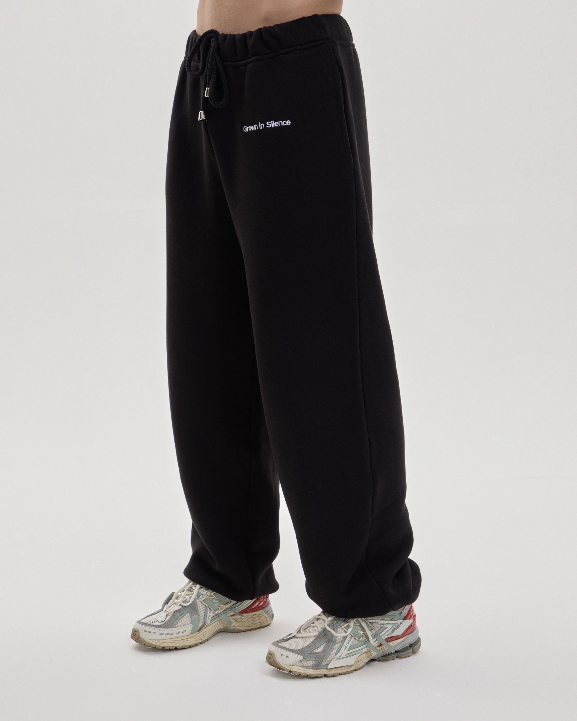 Grown In Silence relaxed joggers in Midnight Black, full length front view